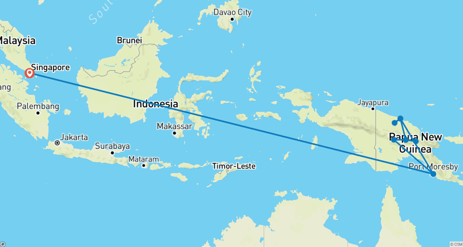 Mapa do percurso de Homens Crocodilo, Aves do Paraíso e Guerreiros de Peruca