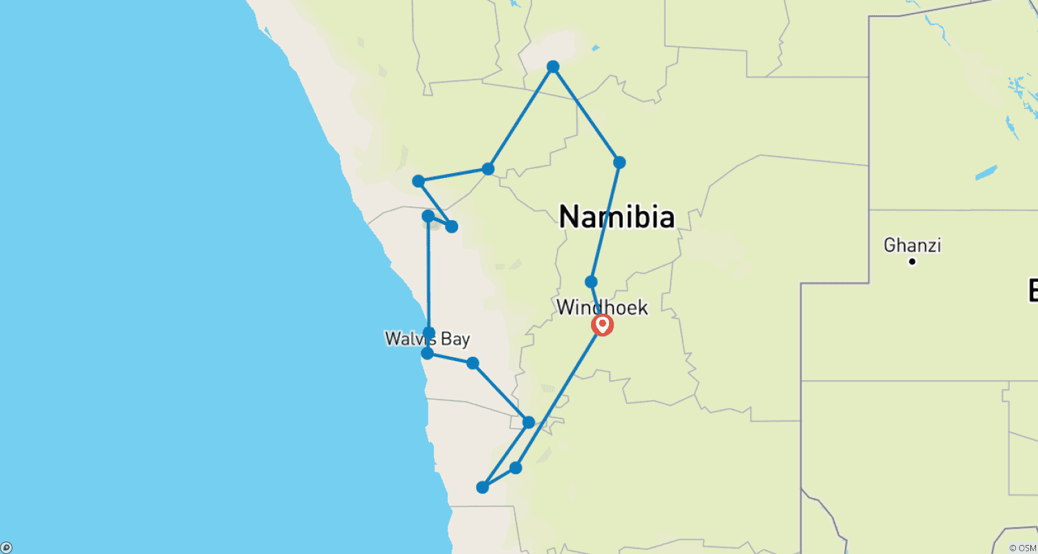 Mapa do percurso de Destaques da Namíbia