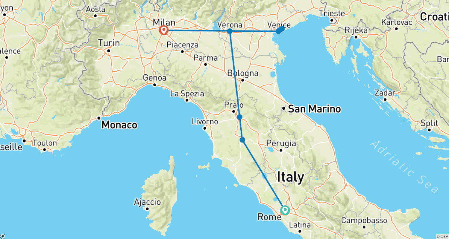 خريطة مسار 8 days Art Cities of Italy, Private Tour