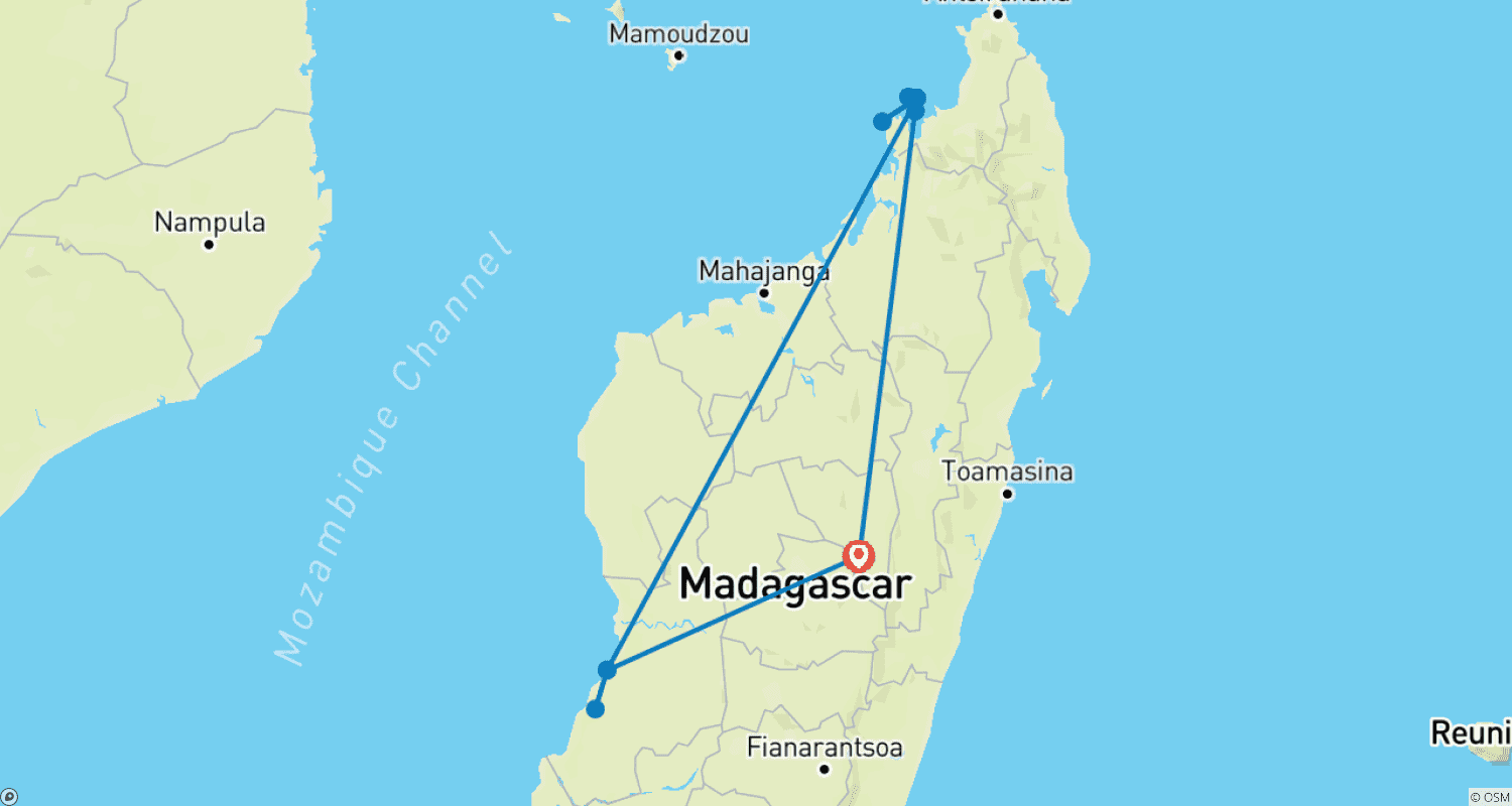 Mapa do percurso de Aventura na Vida Selvagem e Ilhas de Madagáscar: 10 Dias/09 Noites