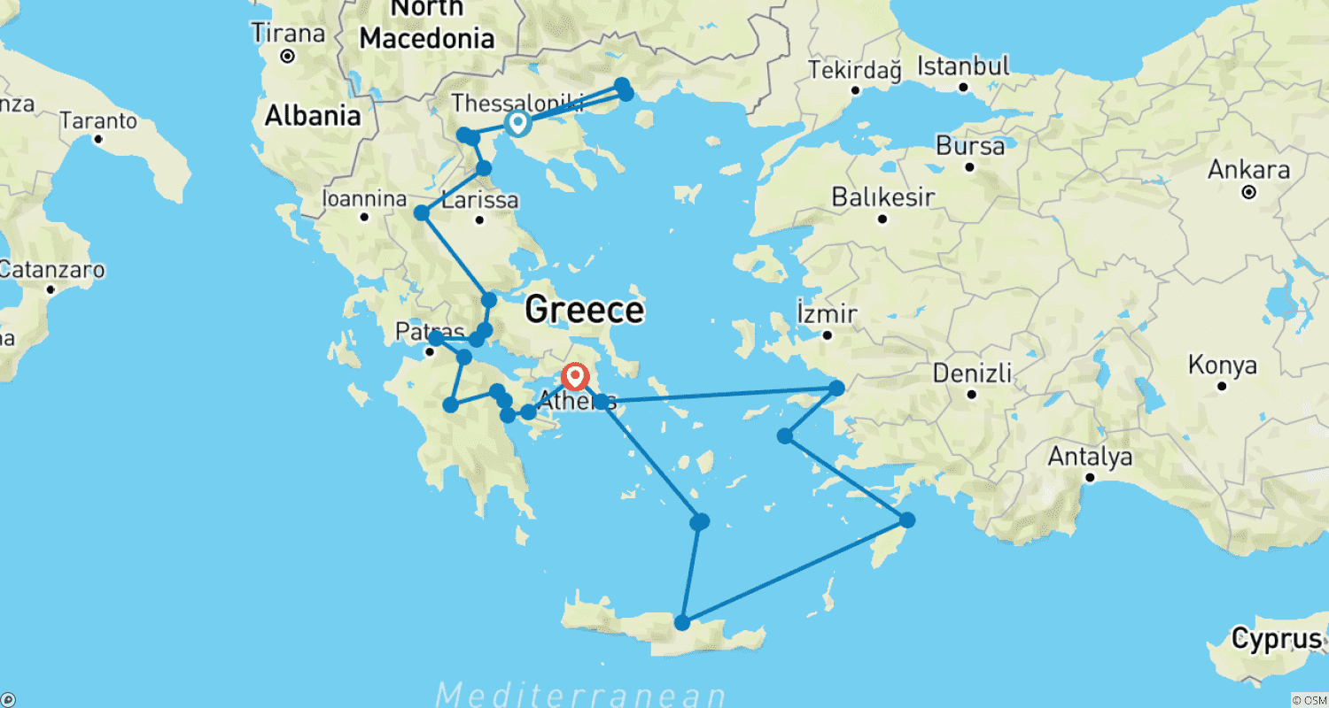 Mapa do percurso de Viagens missionárias na Grécia – Na estrada com o Apóstolo Paulo + Um cruzeiro icónico de 4 dias no Egeu - 16 Dias