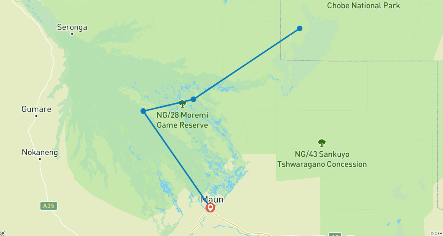 7-Day Okavango Delta, Moremi, and Savutiのルートマップ