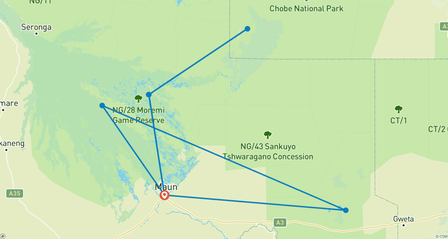 Mapa do percurso de Experiência de Safari de Acampamento Móvel de 10 Dias no Botswana (incluindo Okavango, Moremi, Savuti, Nxai Pans)