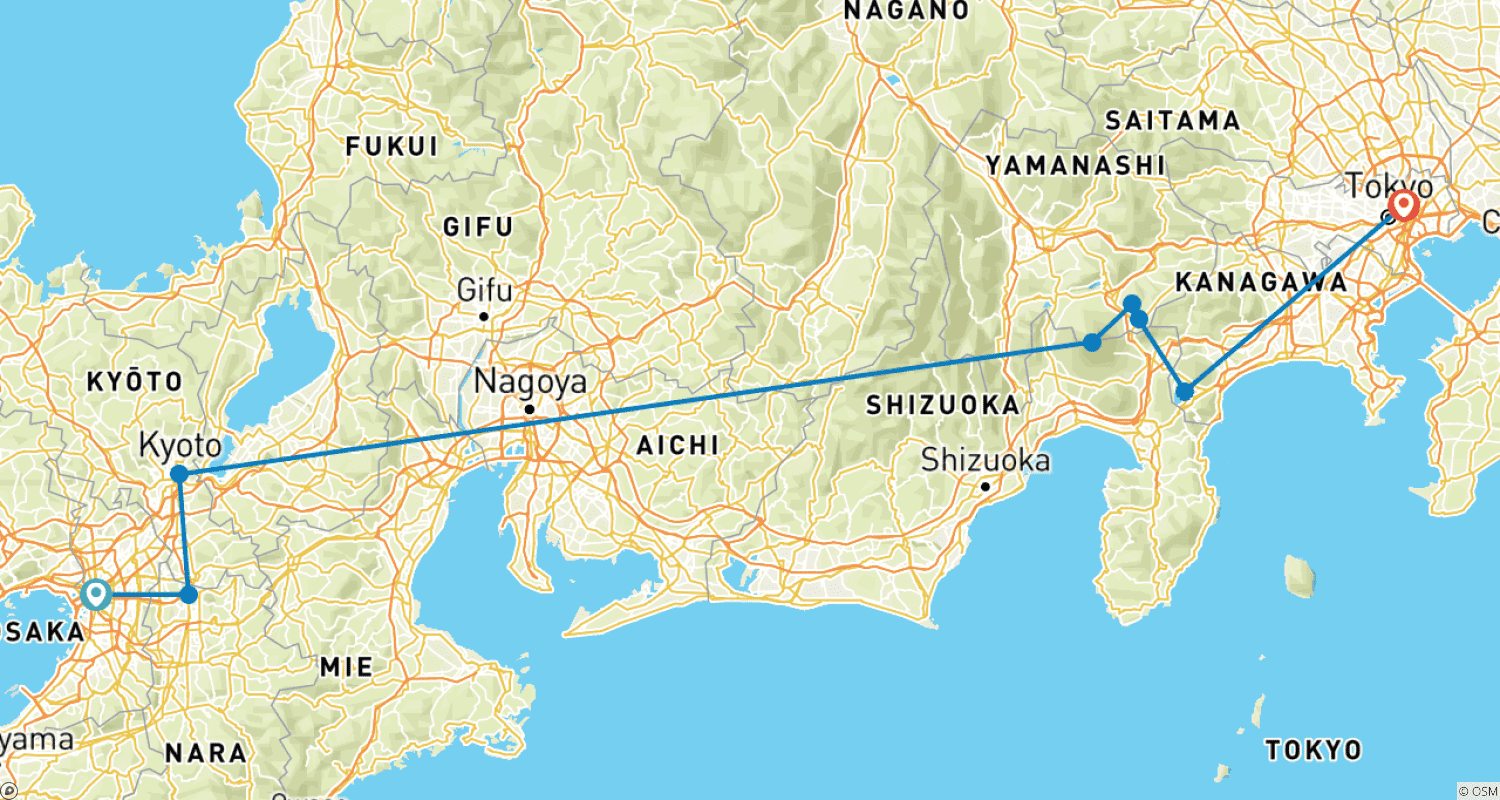 日本の真髄 8日間7泊のルートマップ