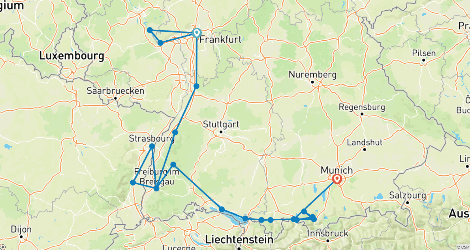 Mapa trasy: Szyta na miarę 8-dniowa prywatna wycieczka po Niemczech z 4-gwiazdkowymi hotelami, codzienne wyjazdy