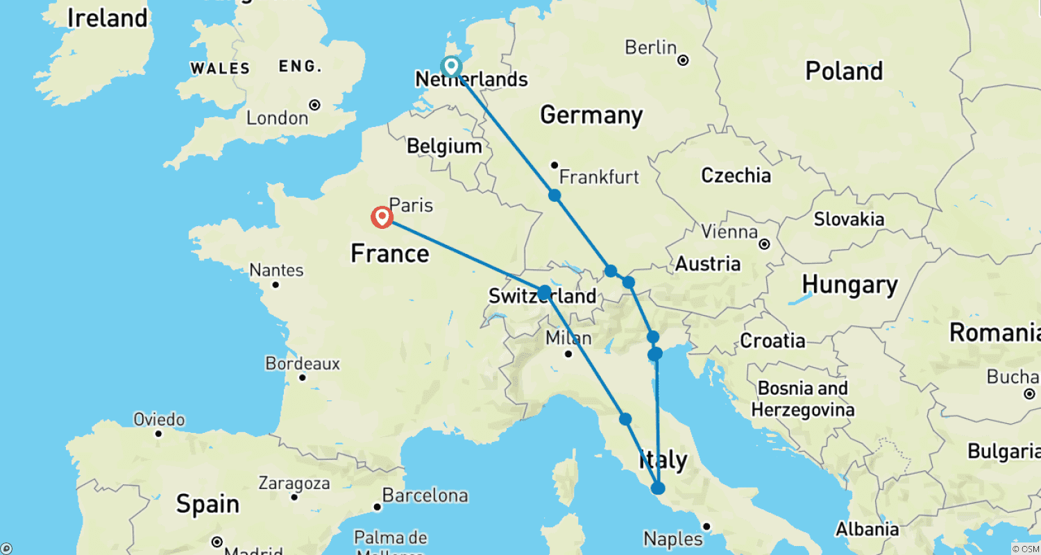 Mapa do percurso de Destaques da Europa (Clássico, Início em Amsterdã, Fim em Londres, 13 Dias)