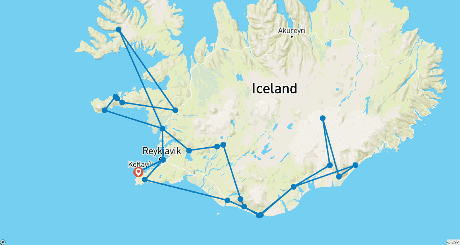 Mapa do percurso de 8 Dias de Exploração da Aurora Boreal – Pequeno Grupo