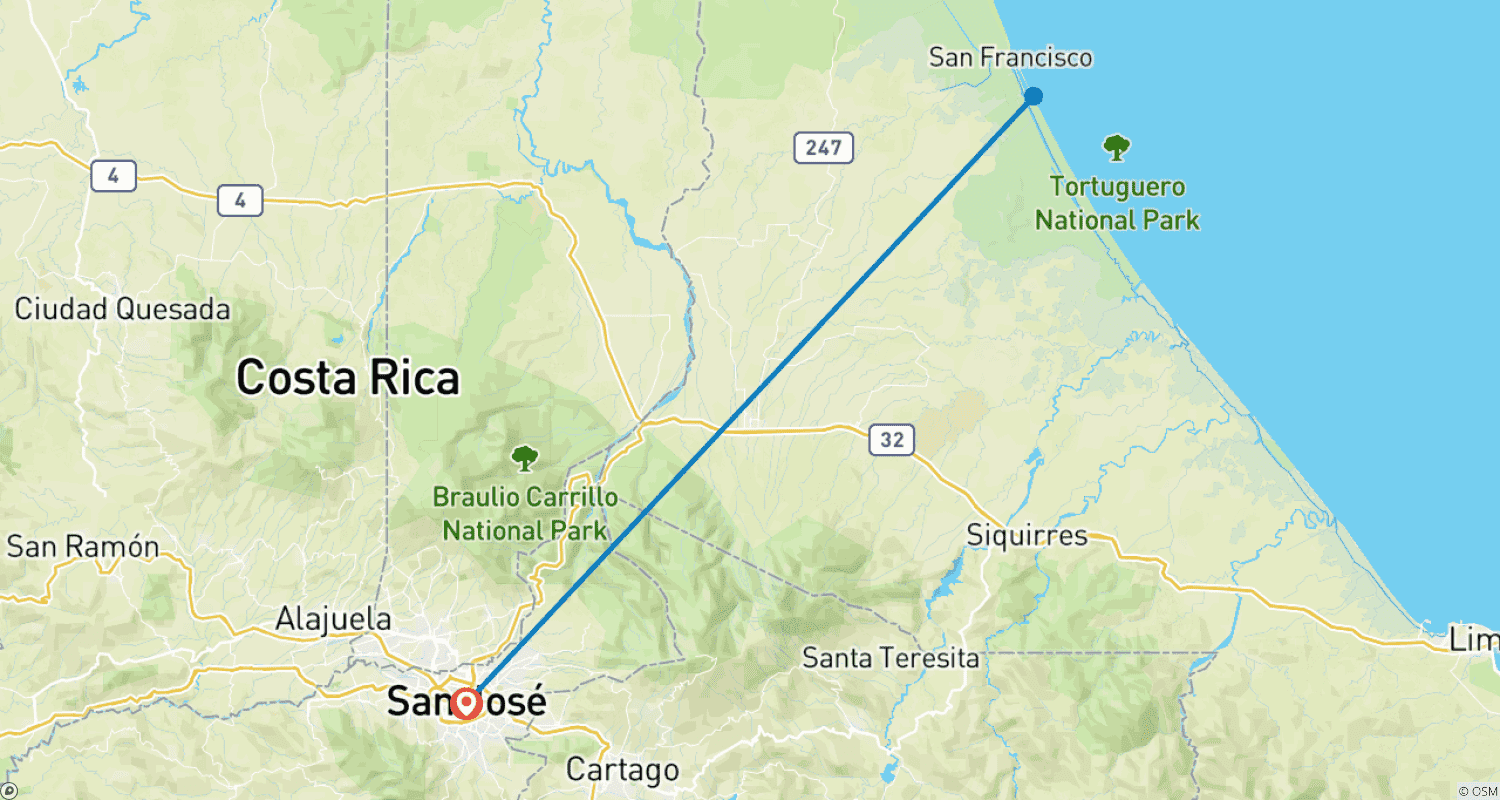 Costa Rica: Explore Tortuguero – 3 Days Of Pure Tropical Magicのルートマップ
