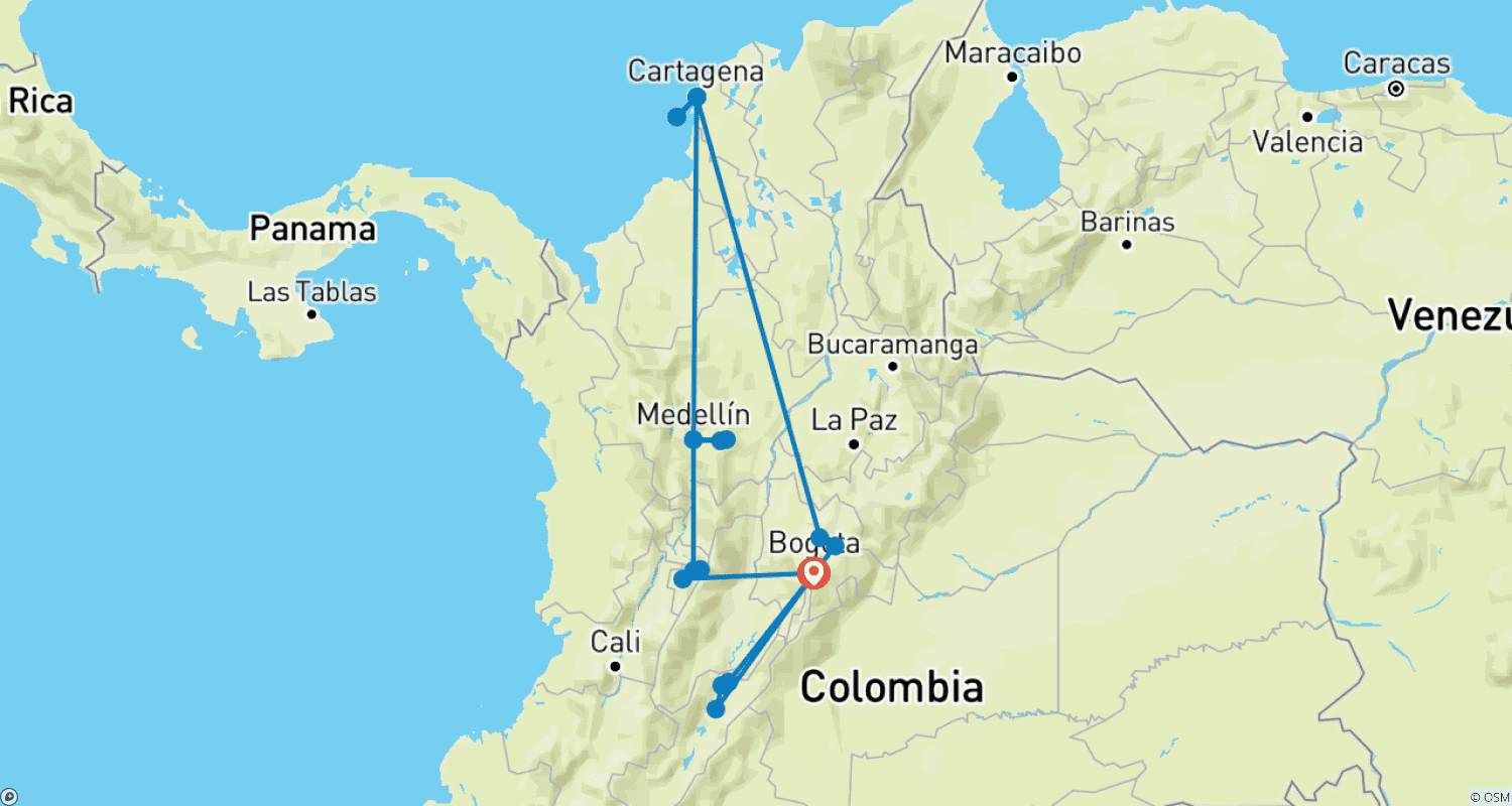 Mapa do percurso de Viva Colômbia: Andes, Café e Caribe – Excursão de 9 Dias