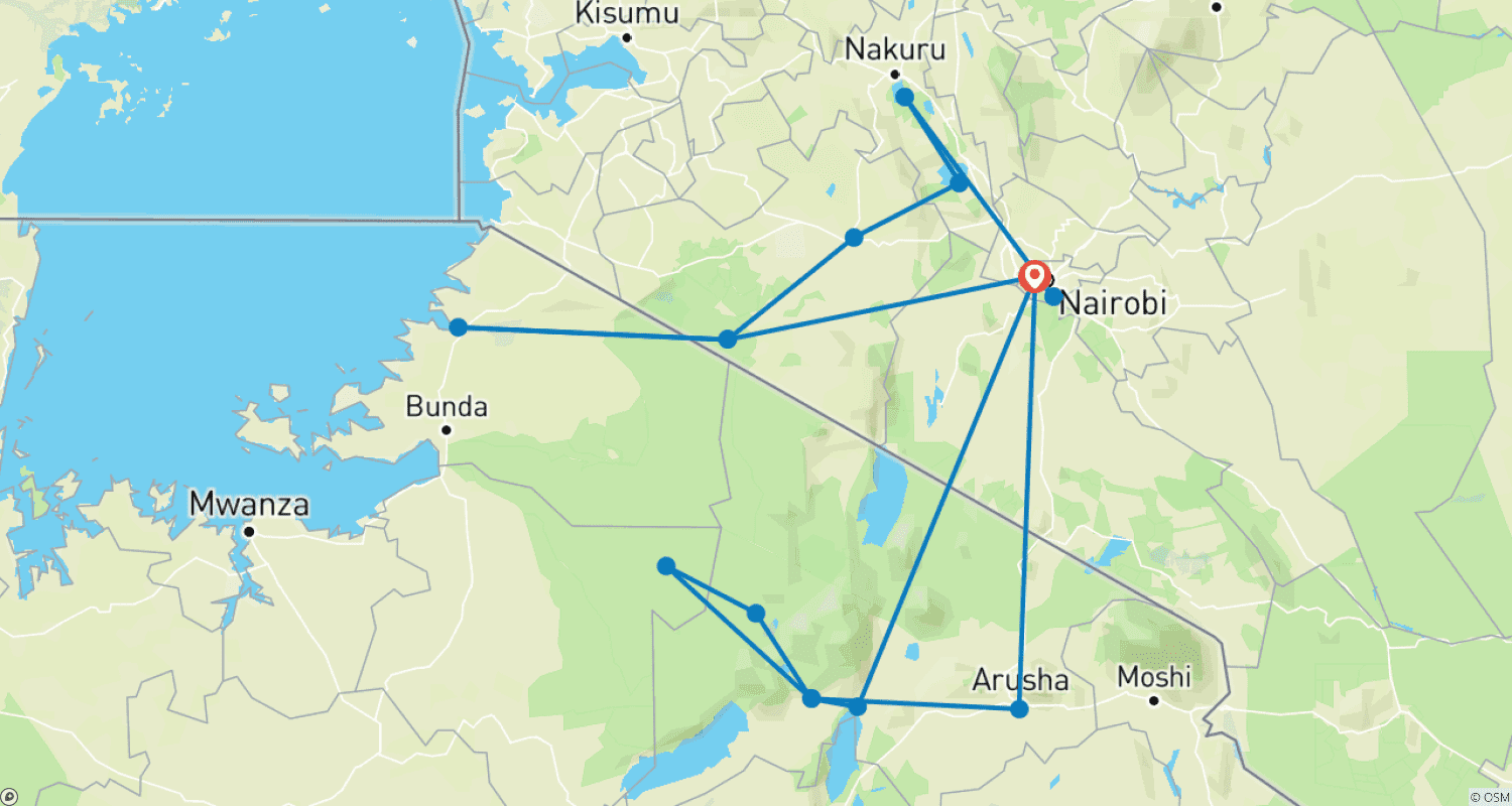 Mapa do percurso de Safári em Família no Quênia e na Tanzânia