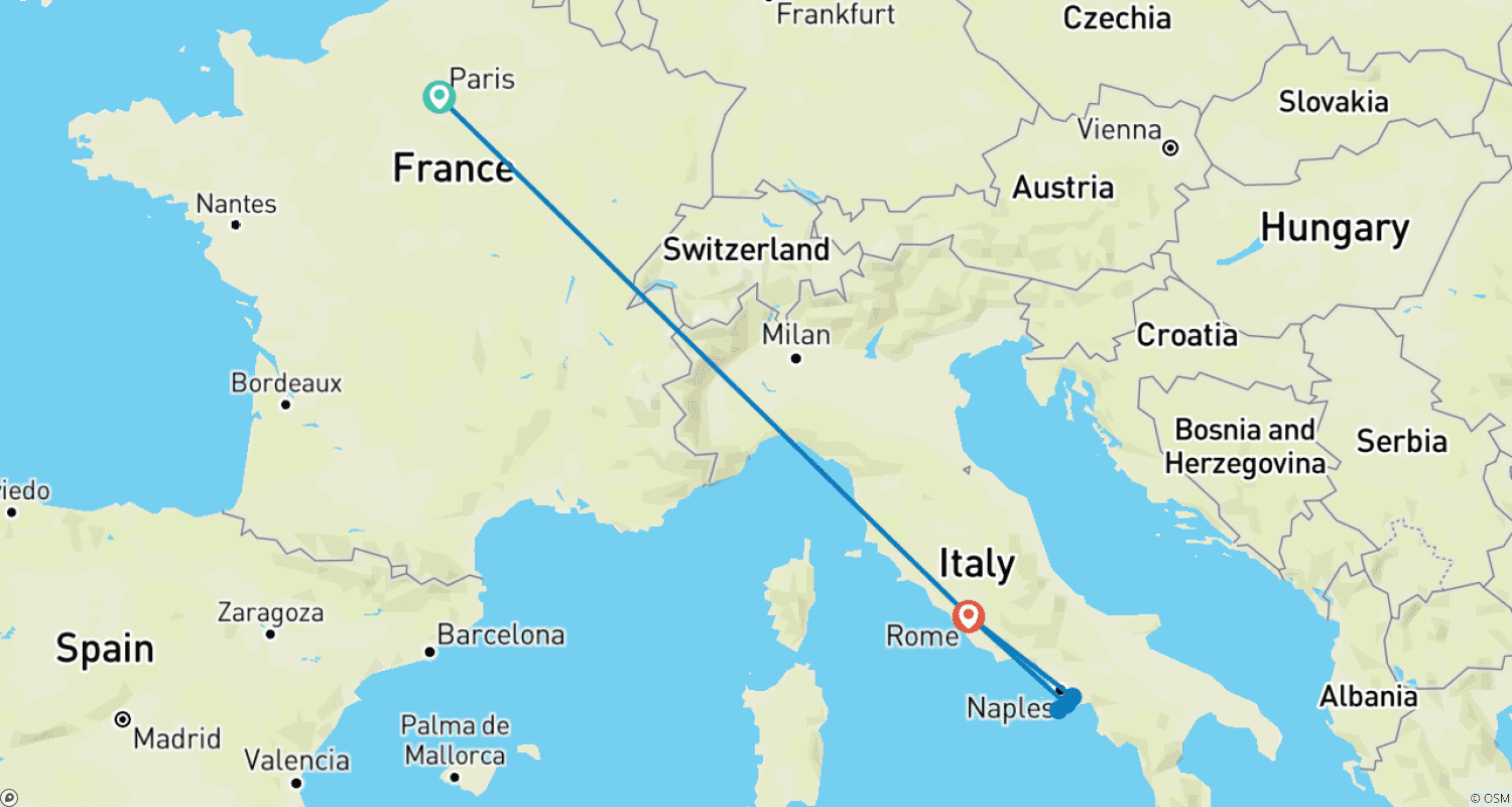 Paris & South of Italyのルートマップ