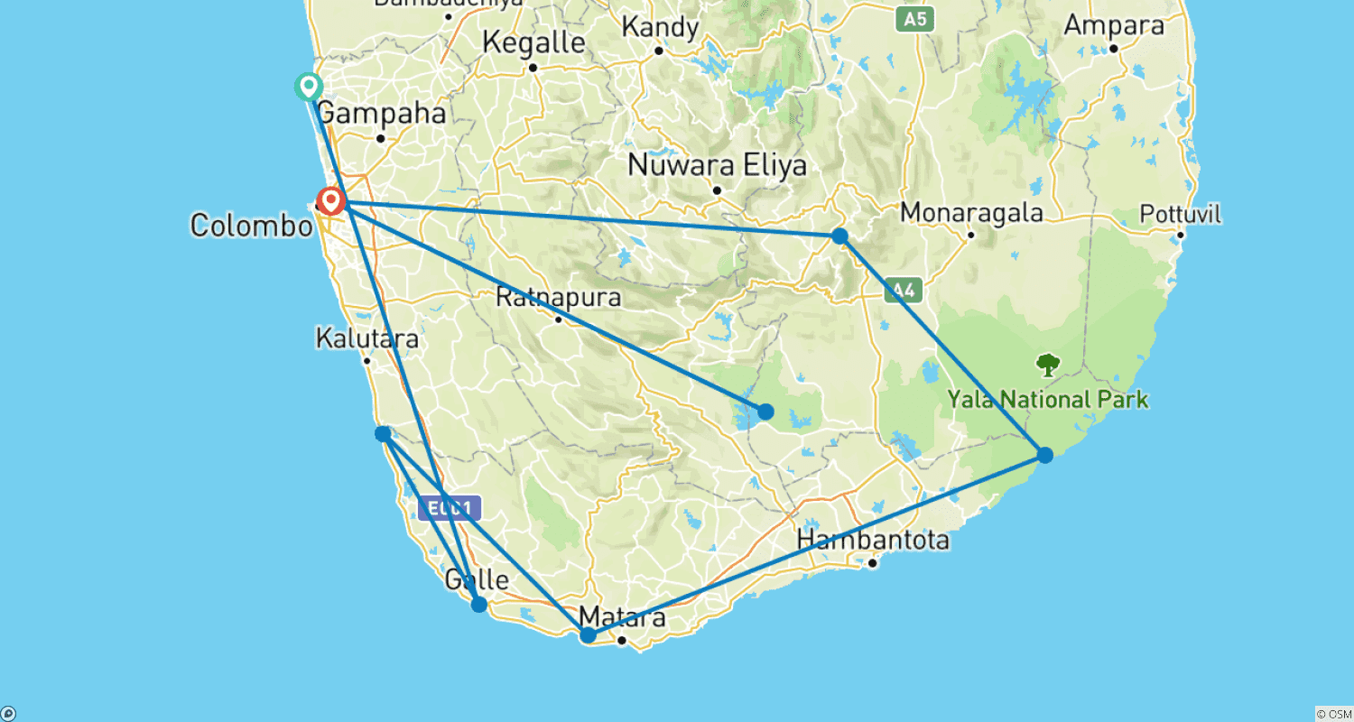 Mapa trasy: Sri Lanka Malownicze Południe/Zachód 7 dni [Kolombo/ Mirissa/Yala/Ella]