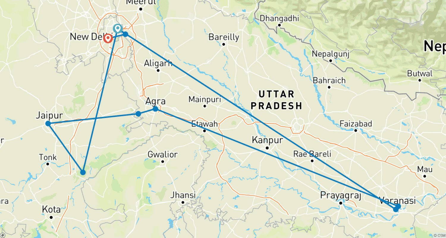 Mapa do percurso de 9 Dias Triângulo Dourado com Ranthambore e Varanasi - Espiritualidade Tigres Ganges Nascer/Pôr do Sol no Taj