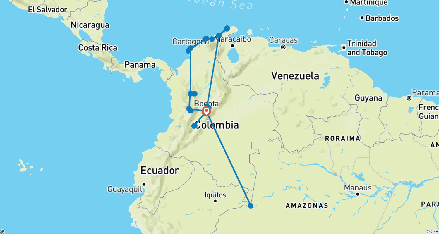 Mapa do percurso de Fly Colombia Excursão de 20 Dias: Descubra o Caribe, os Andes e a Amazônia