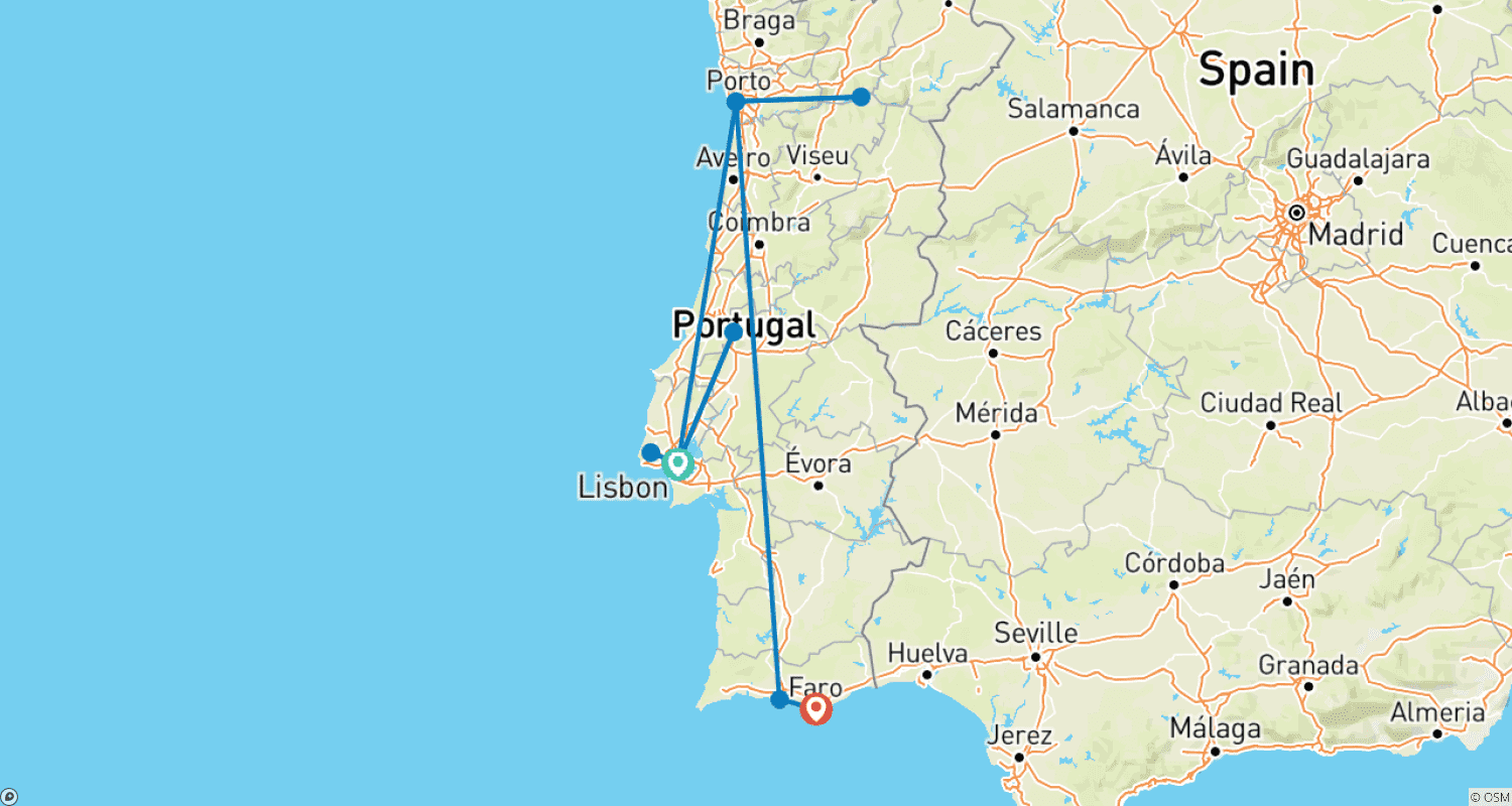 Mapa do percurso de Portugal: Lisboa, Algarve com tudo incluído e cruzeiro no Vale do Douro