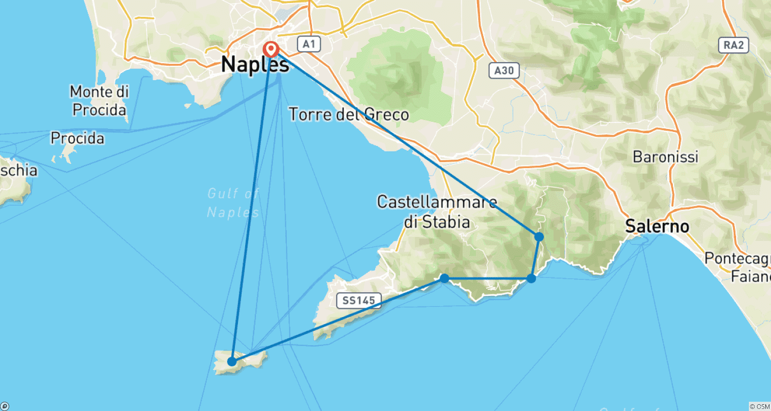 Mapa do percurso de Escapada a Capri e à Costa Amalfitana a partir de Nápoles