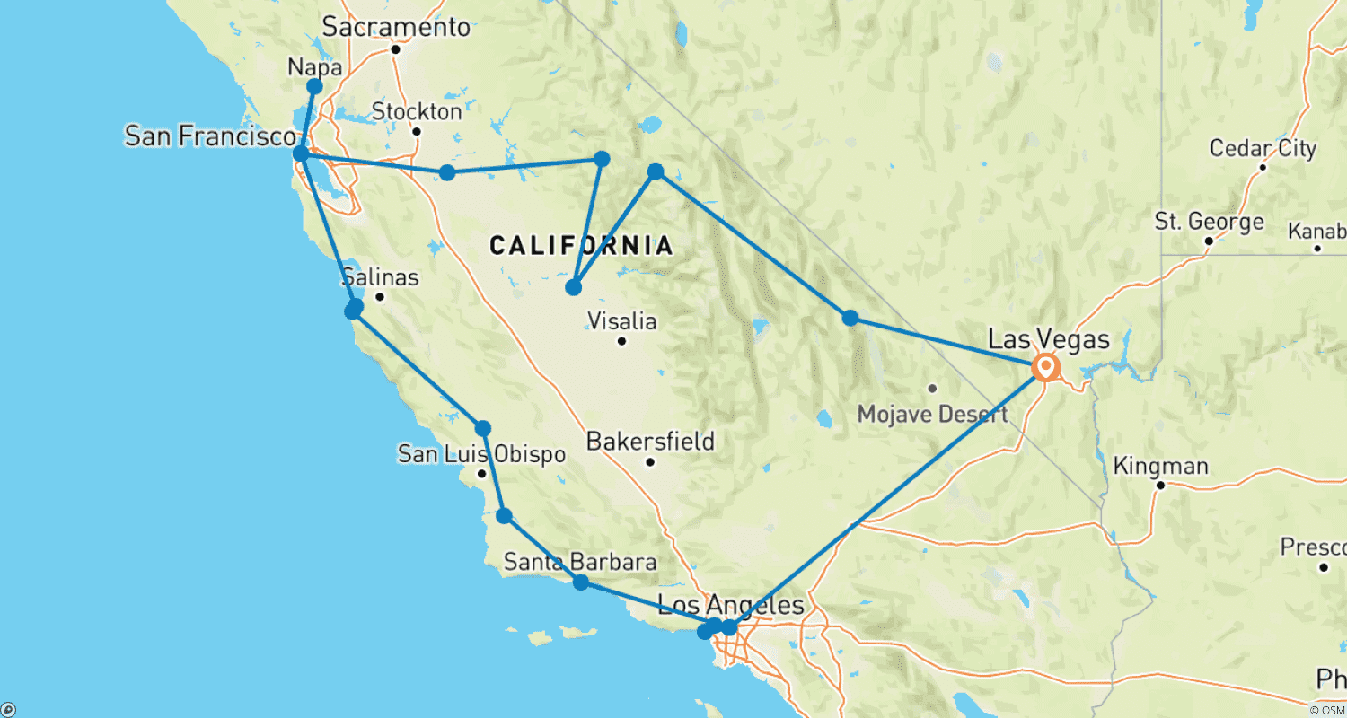 Western Frontiers - California Highlightsのルートマップ