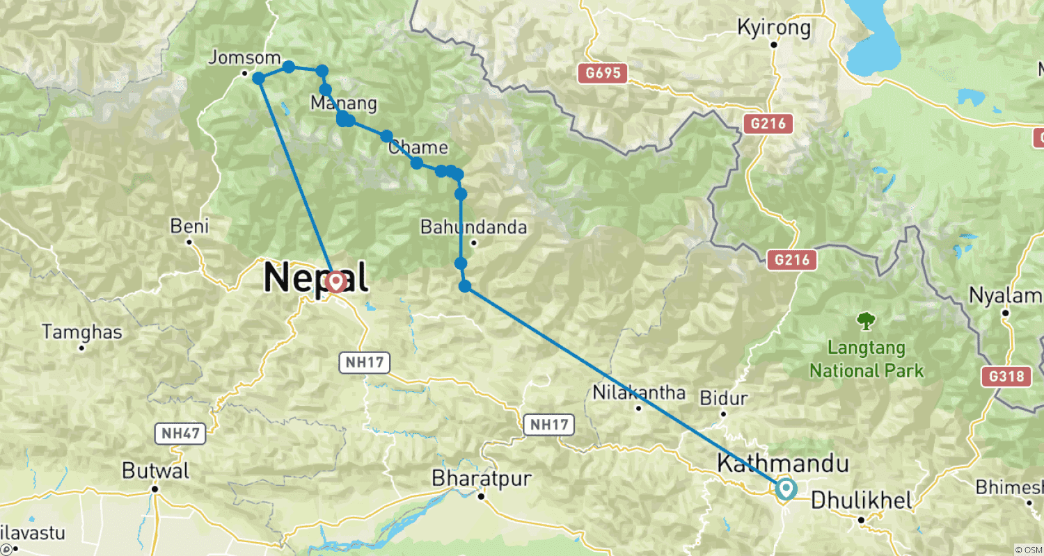 Mapa do percurso de Caminhada do Circuito de Annapurna 7 Dias