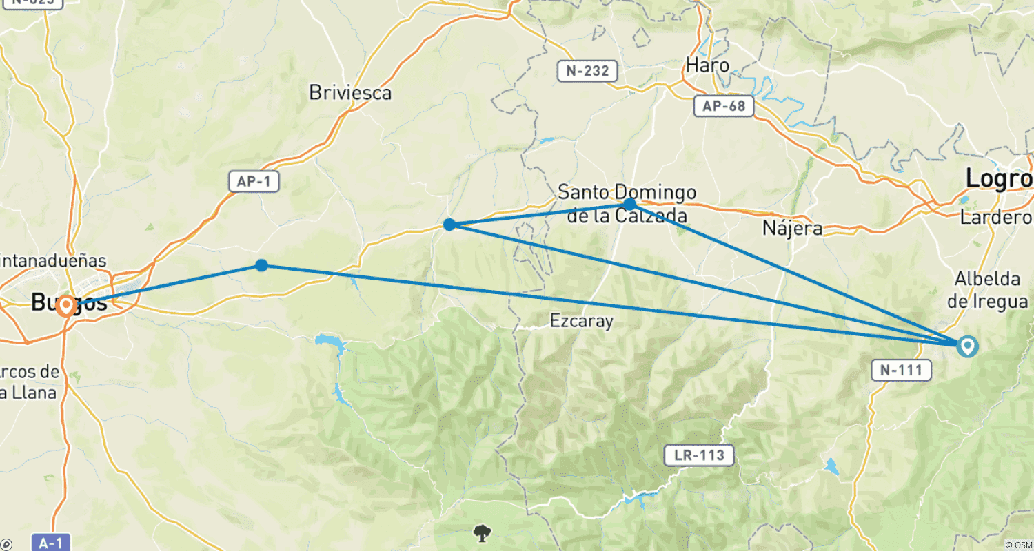 Mapa trasy: Francuska Droga św. Jakuba z Logroño do Burgos (7 dni)