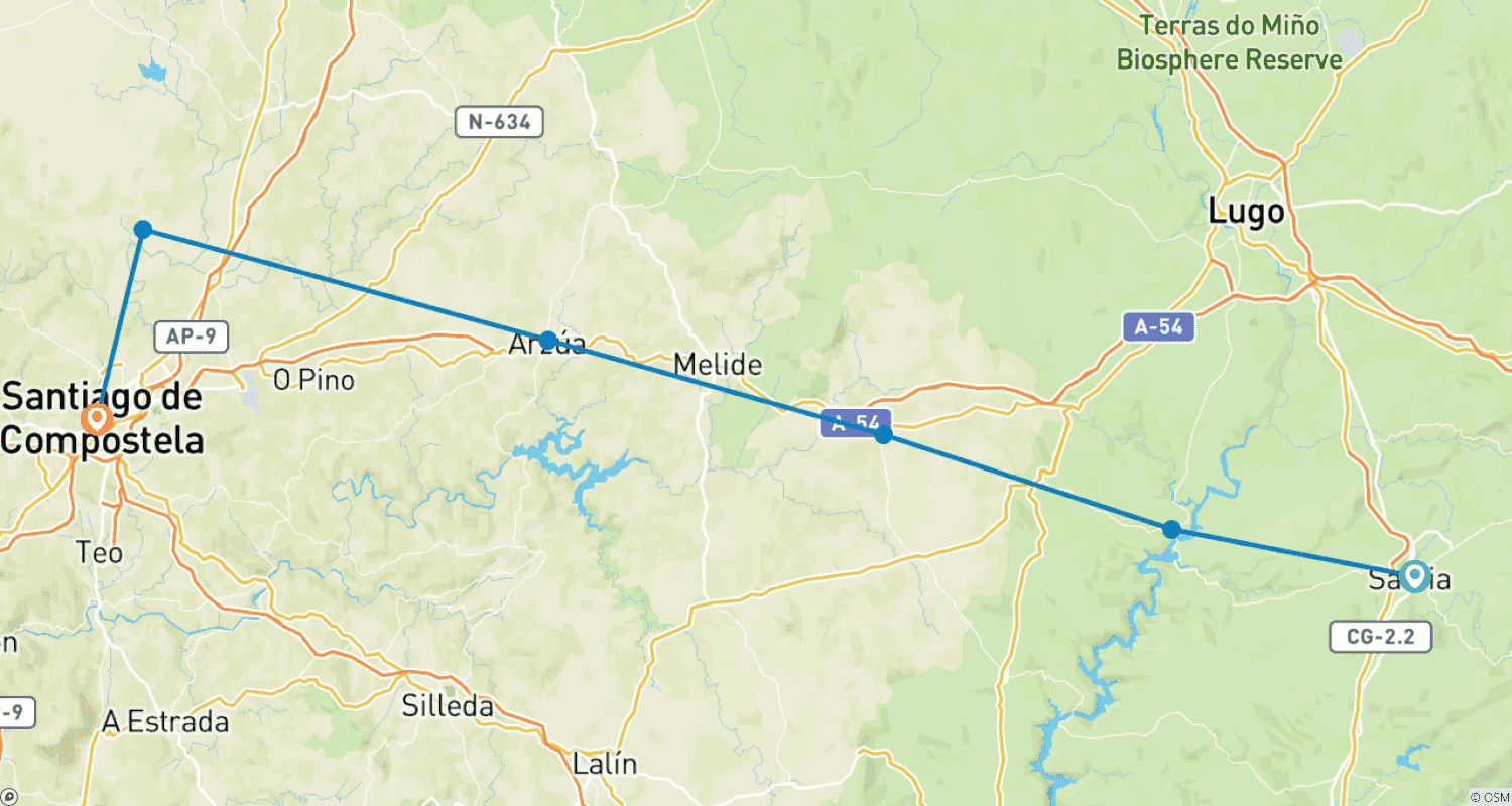 Mapa trasy: Francuska Droga św. Jakuba z Sarrii do Santiago de Compostela (7 dni)