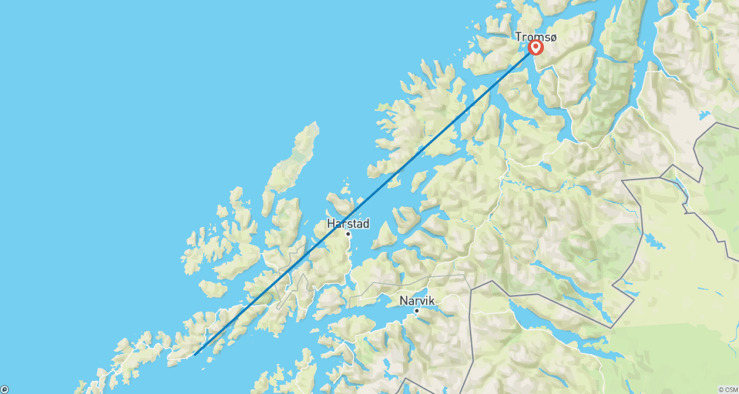 オーロラを追いかけるオーダーメイドのプライベート5日間ノルウェー旅行のルートマップ