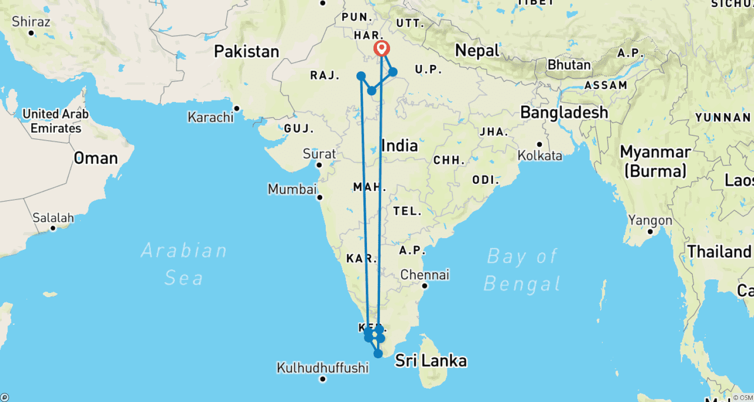 北インドと南インドの珠玉の旅、航空券付きのルートマップ
