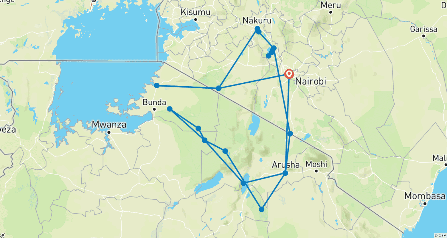 Mapa do percurso de 12 Dias, 11 Noites Quênia, Safári de Acampamento Econômico na Tanzânia com Acomodação Complementar na Primeira Noite no Best Western Plus Westlands
