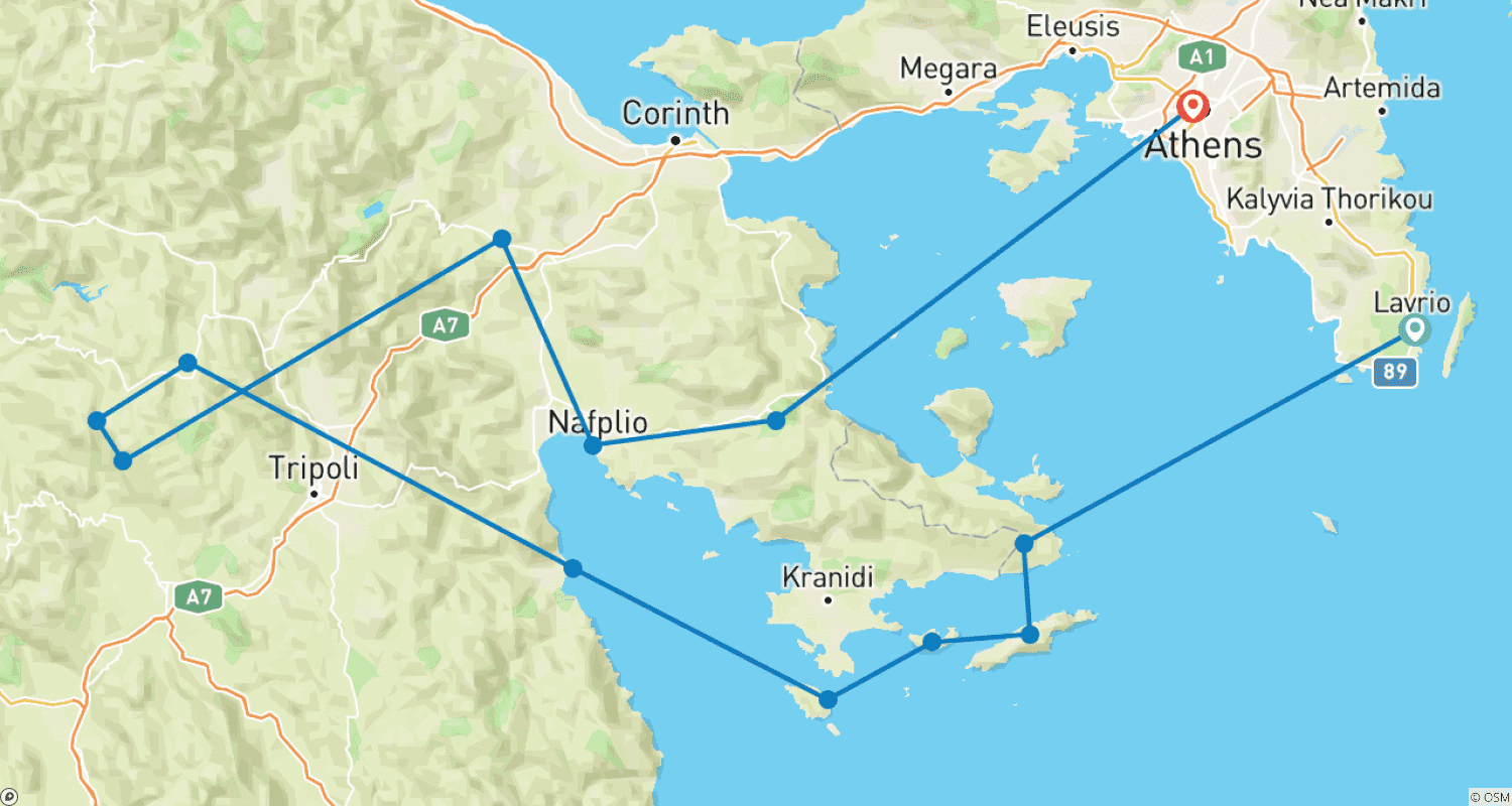 Mapa do percurso de Aventura de Vela e Montanha totalmente guiada: As ilhas Sarónicas e as Montanhas do Peloponeso