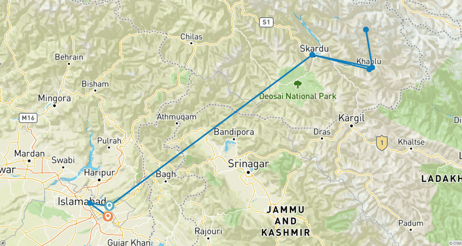 Mapa do percurso de Caminhada ao Acampamento Base Masherbrum (K1) - Expedição às Montanhas Karakoram