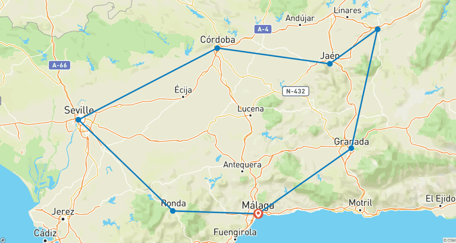 Mapa do percurso de Viagem pela Andaluzia: Passado Mouro
