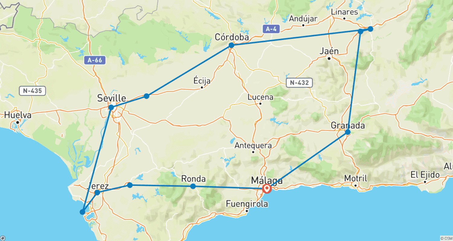 Mapa do percurso de Roteiro de Carro Alugado pela Andaluzia