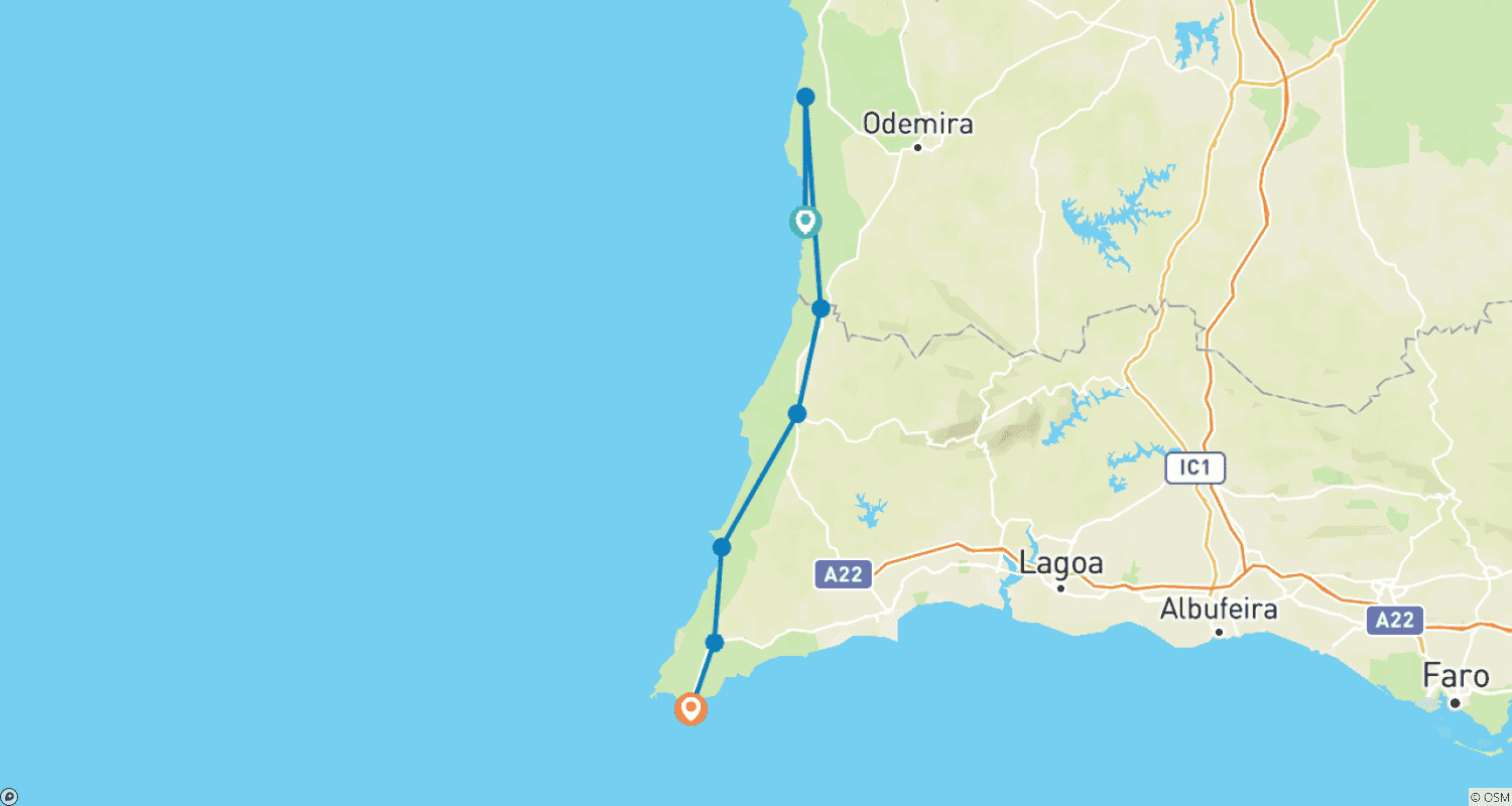 Mapa do percurso de Caminhadas de Sonho: Rota Vicentina