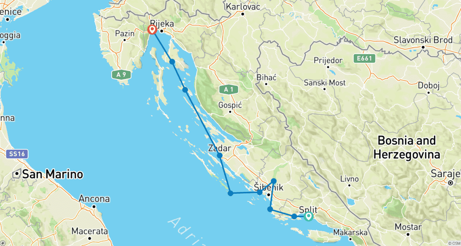 Mapa do percurso de Pérolas do Norte (Split - Opatija) Premium