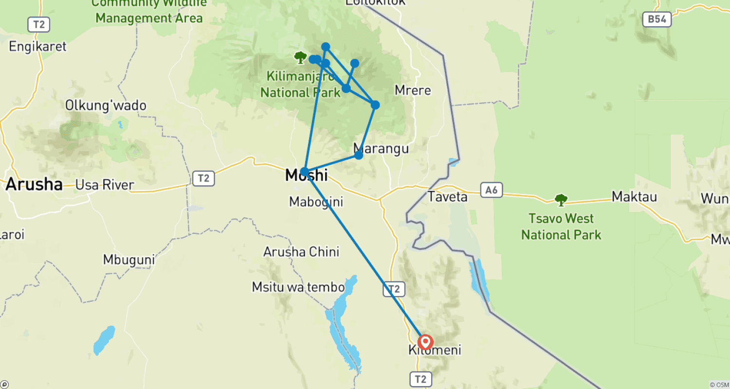 Mapa do percurso de Escalada do Monte Kilimanjaro pela Rota Marangu, 8 dias (acomodação e transporte incluídos)
