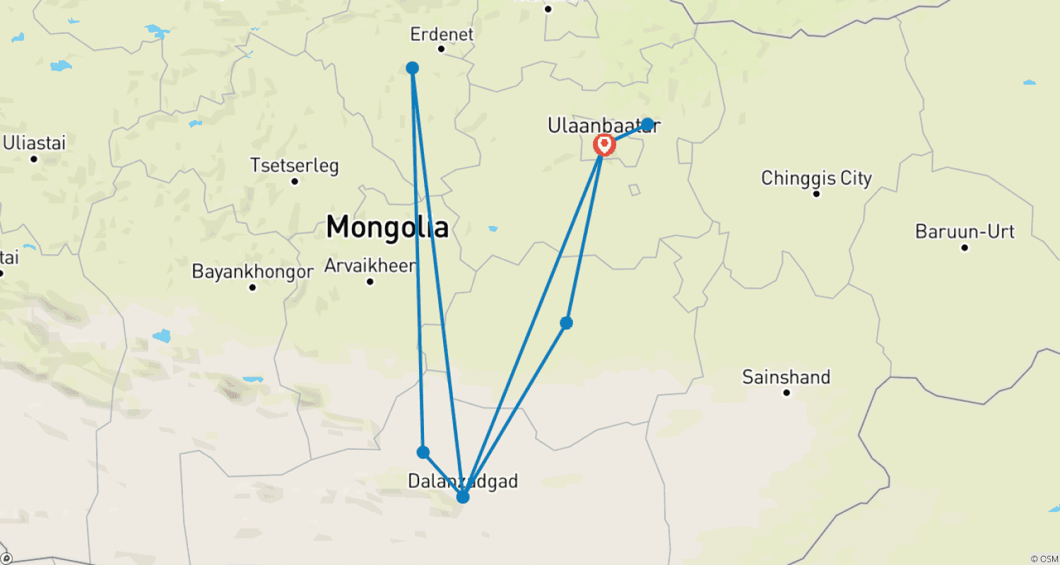 Mapa do percurso de Festival de Camelos no Grande Gobi
