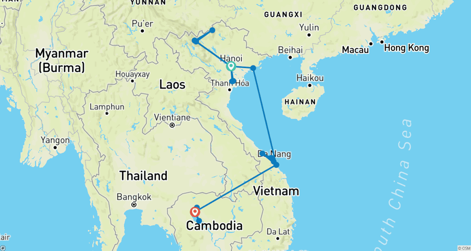 Timeless Indochina: Vietnam & Cambodia in 13 Daysのルートマップ