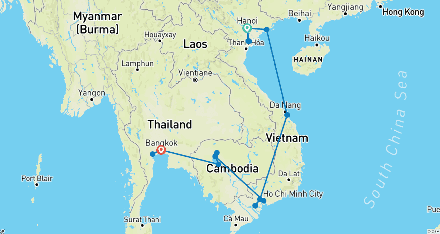 Mapa trasy: Esencja Indochin w 15 dni — Wietnam, Kambodża i Tajlandia