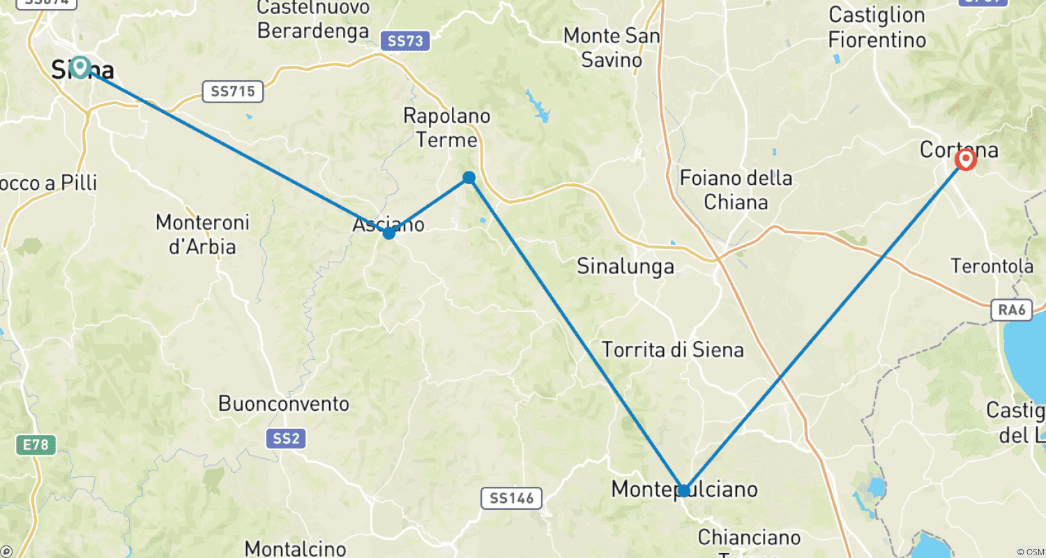 Mapa do percurso de Sob o sol da Toscana - de Siena a Cortona (7 dias)