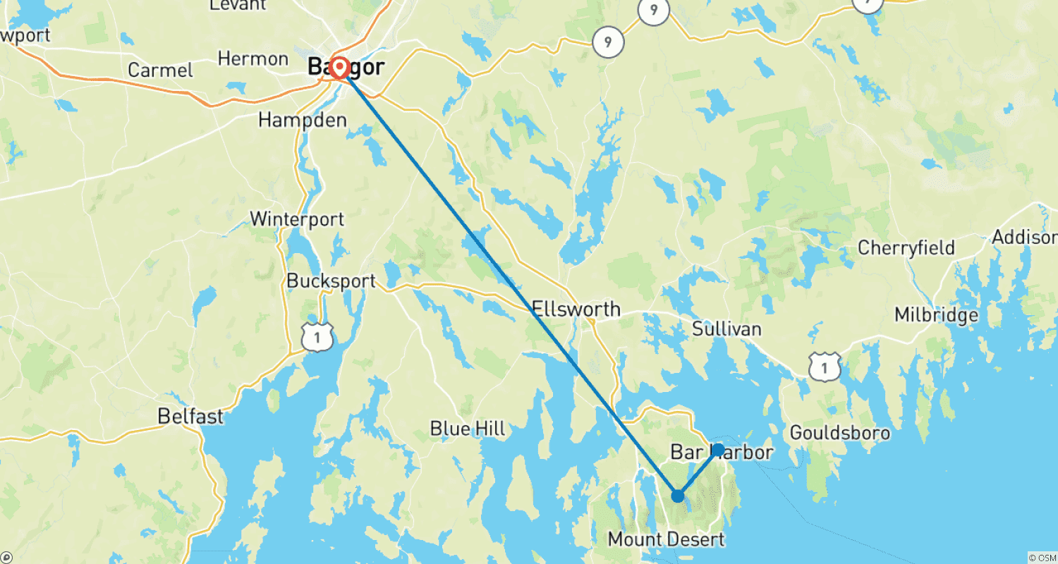 Mapa do percurso de Caminhada e Caiaque em Acadia