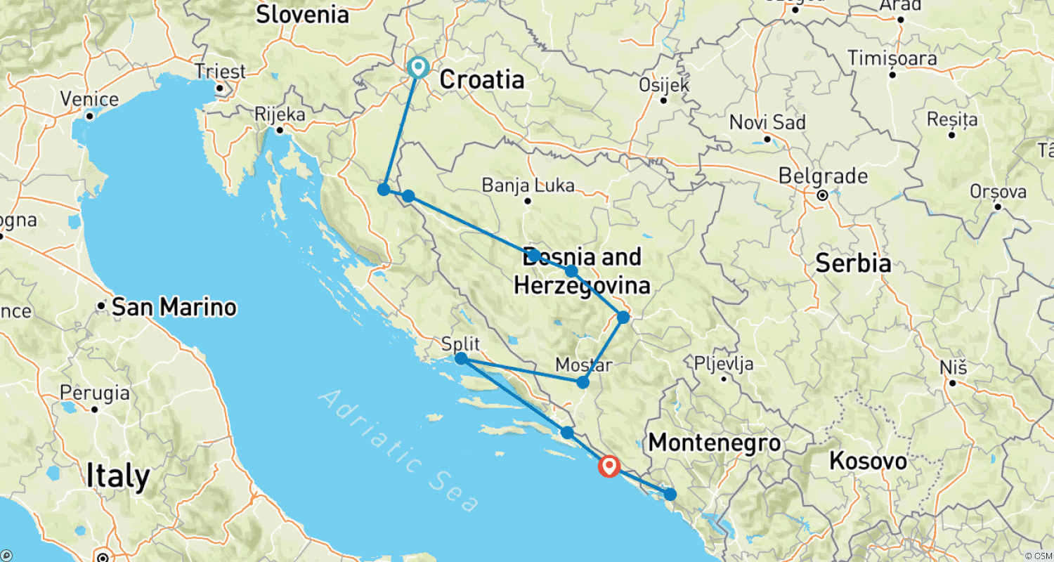 Mapa do percurso de Excursão de 9 Dias pelos Balcãs Ocidentais - Croácia - Bósnia - Montenegro