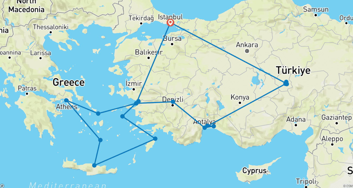 Mapa trasy: 14 Dni – Turecka Bryza i 4 Noce na Ikonicznych Wyspach Egejskich