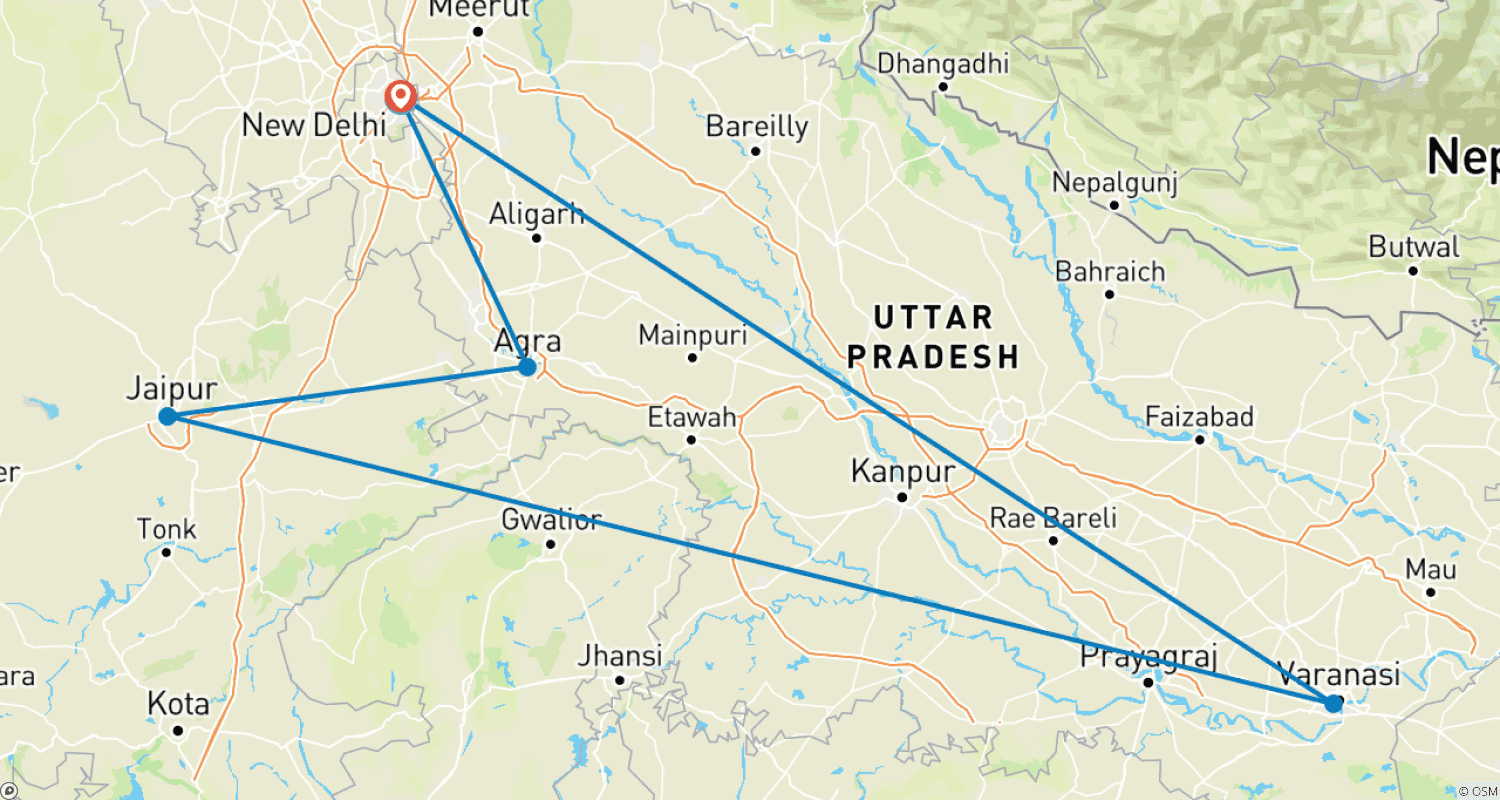 خريطة مسار Delhi to Agra & Jaipur with Varanasi: 6 Days Private Guided Tour
