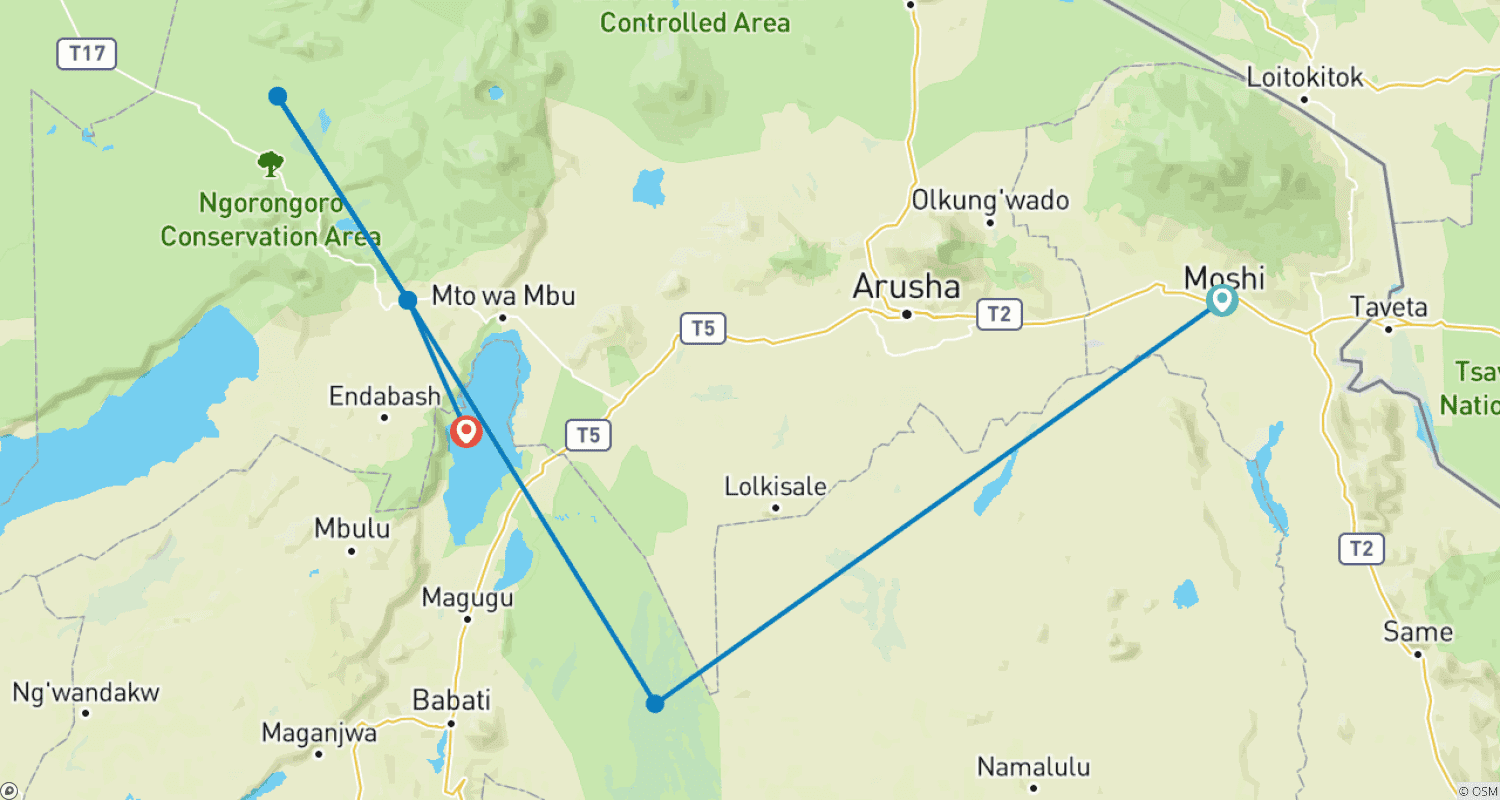 خريطة مسار أفضل سفاري في Ngorongoro و Tarangire و Lake Manyara (شمال تنزانيا)