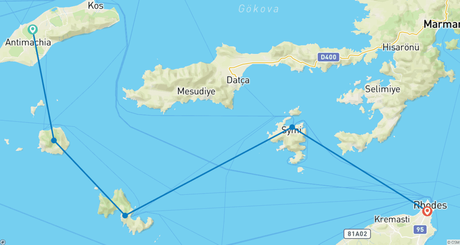 Mapa do percurso de Vela e Caminhada nas Ilhas do Dodecaneso