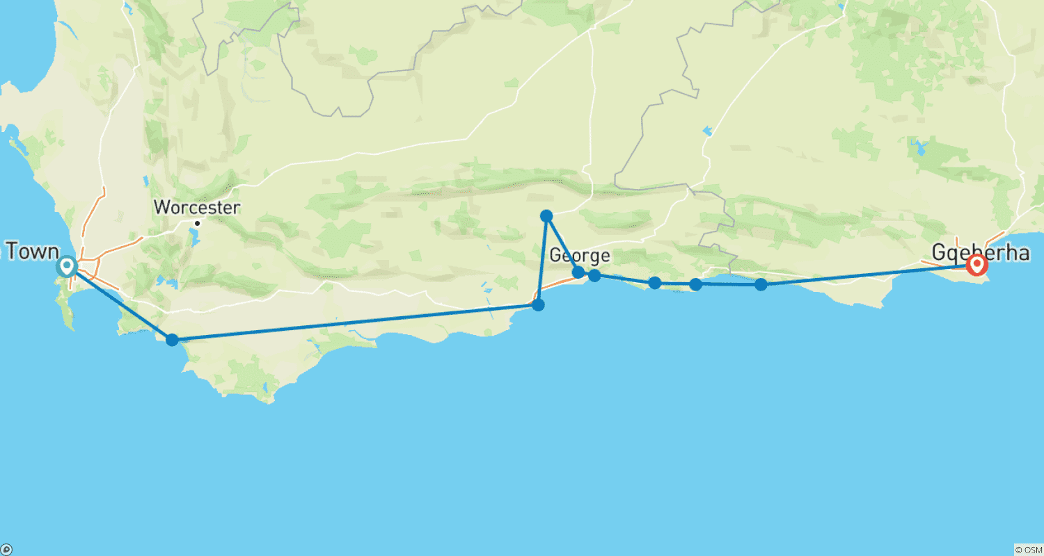Mapa do percurso de 4 dias Rota Jardim para Port Elizabeth (Acomodado)