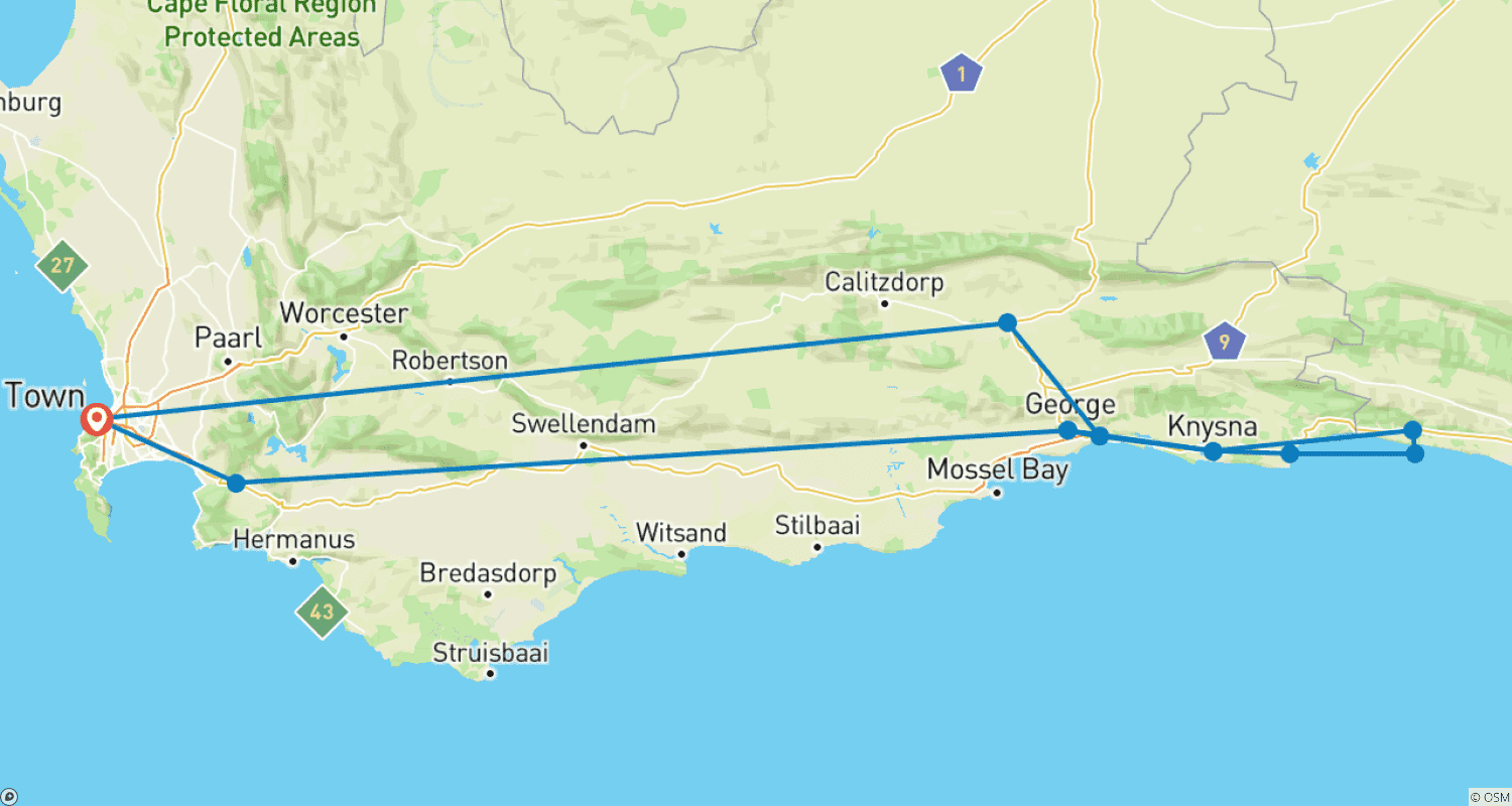 Mapa do percurso de Destaques de 4 dias da Garden Route (com Alojamento)