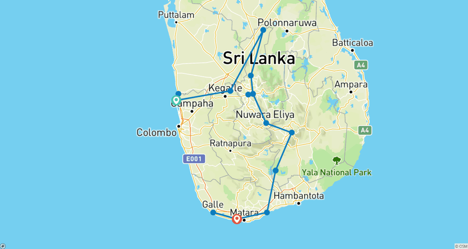 Mapa do percurso de Tour Privado Acessível no Sri Lanka 2024