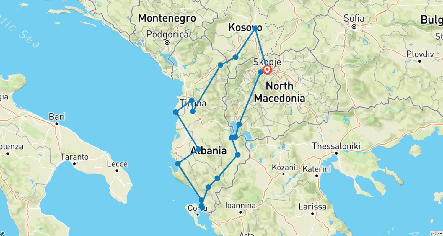 Mapa do percurso de Paisagem da Macedônia - Kosovo e Albânia