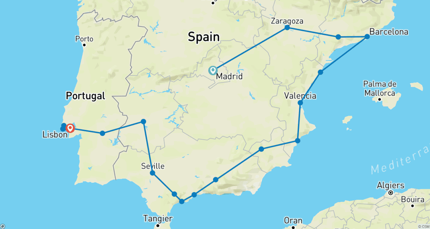 Mapa trasy: 12-Day Spanish Ring with Lisbon