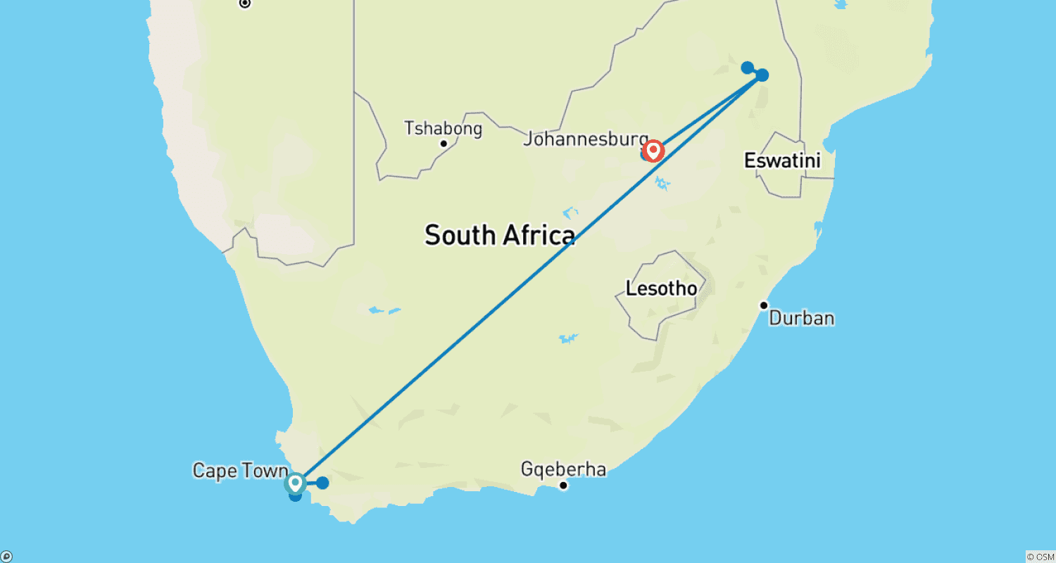 Mapa do percurso de Viagem à África do Sul